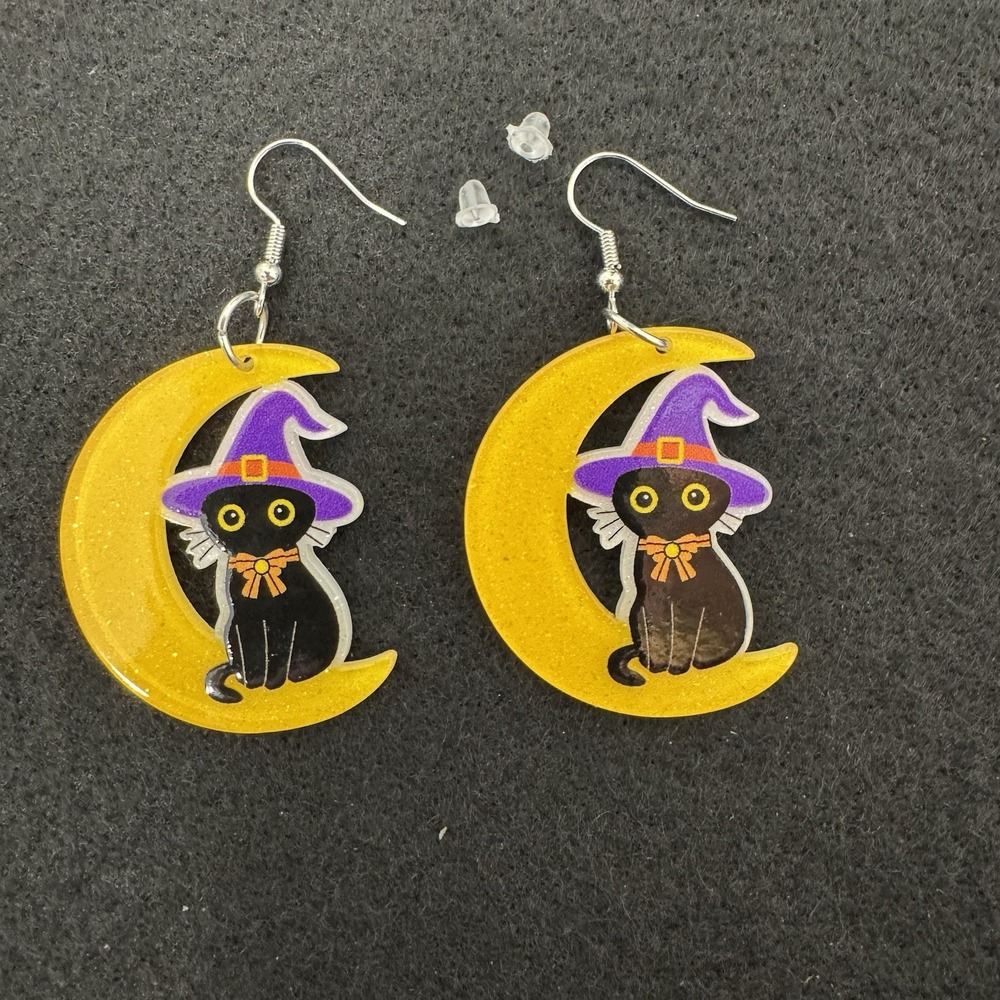 Halloween Black Cat Witch Hat Crescent Moon Dangle Earrings Yellow Purple